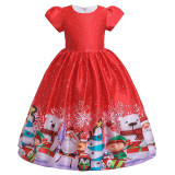 Girls Christmas Xmas Santa Snowman Snowflake Princess Holiday Short Sleeve Gown Dress