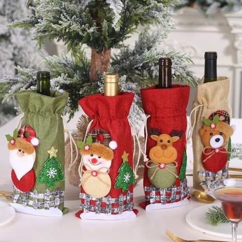 Christmas Linen Snow Cartoon Drawstring Wine Bottle Set Lattice Doll Wine Bottle Bag