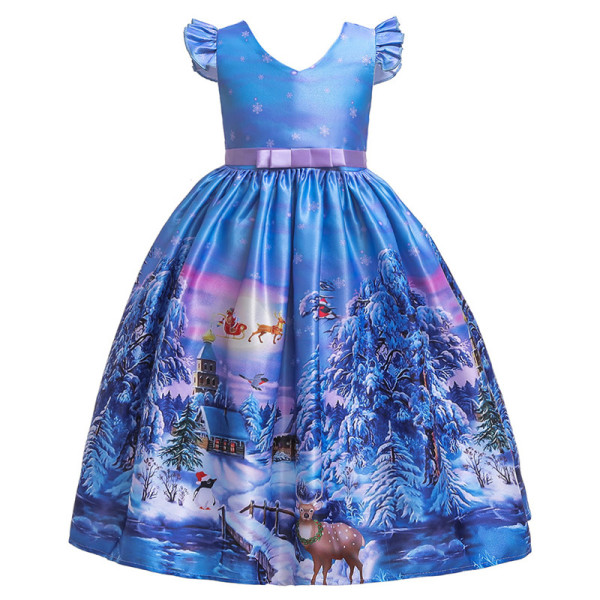 Girls Christmas Blue Santa Snowman Snowflake Princess Holiday Ruffles Sleeve Gown Dress
