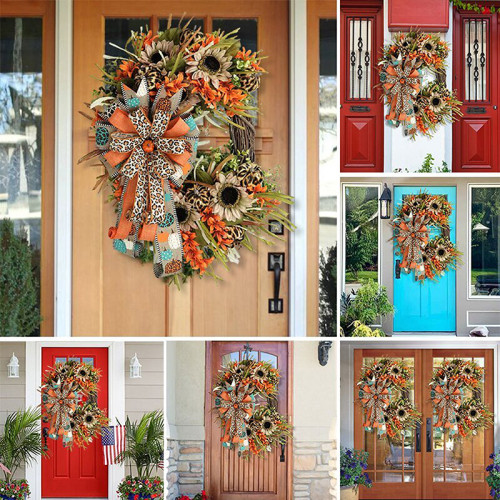 Thanksgiving Leopard Bow Sunflower Plant Hang Door Wreath for Thanksgiving Day Front Door Indoor Home Decor