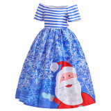 Girls Christmas Dress Short Sleeve Santa Claus Striped Off The Shoulder Dress