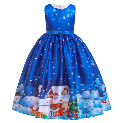 Girls Blue Christmas Dress Sleeveless Vintage Evening A-line Dress