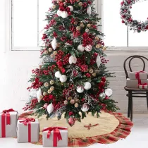 Christmas Tree Skirt 48in Bowknot Red and Black Plaid Border Trim for Christmas Decorations