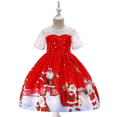 Toddler Girls Red Christmas Santa Claus Lace Mesh Short Sleeve Party Dress