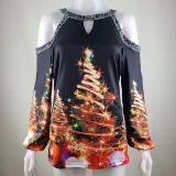 Women Christmas Tops Xmas Trees Prints Cold Shoulder Long Sleeve Shirts