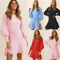 Women Knit Long Sleeve Flared Middle Dress