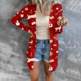 Women Christmas Element Prints Long Sleeve Button Cardigan