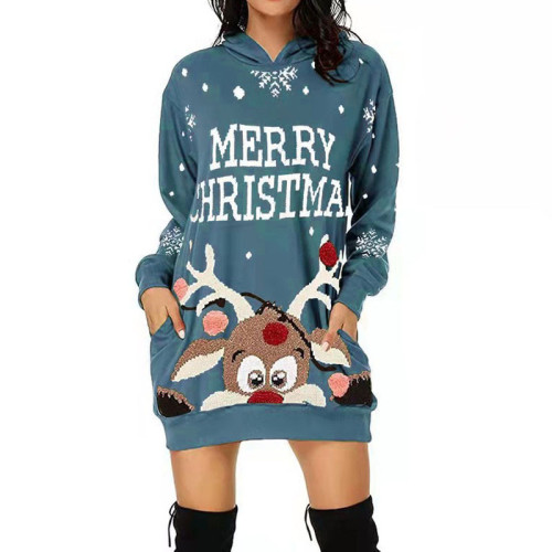 Women Christmas Dress Deer Slogan Print Casual Long Sleeve Hoodie Pullover Sweatshirt Dress
