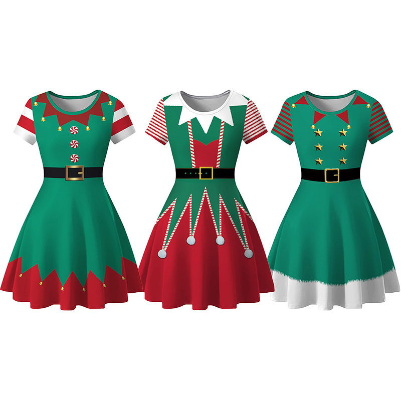 Women Christmas Dress Clown Print Round Neck Casual Flared Midi Dress