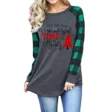 Women Christmas Tops Slogan Prints Plaids Long Sleeve Round Neck Shirts