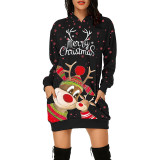 Women Christmas Dress Deer Slogan Print Casual Long Sleeve Hoodie Pockets Pullover Sweatshirt Dress