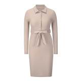 Women Pullover Knit Long Sleeve Button Lapel Midi Casual Dress With Belt