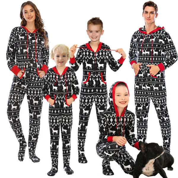 Christmas Family Matching Sleepwear Prints Deer Snow Black Jumpsuit Onesies Pajamas