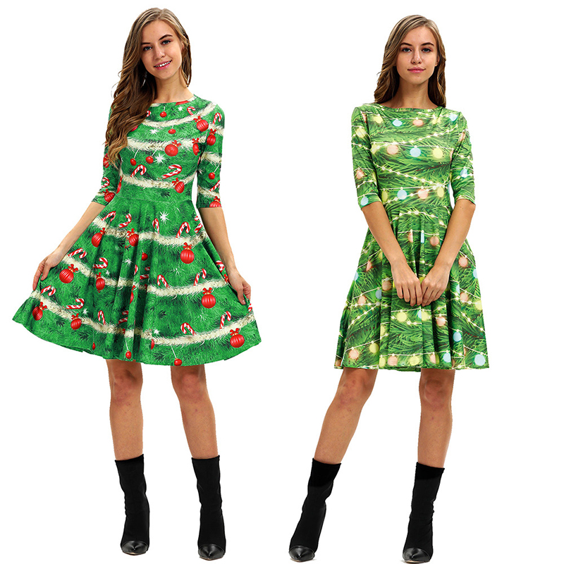 Women Christmas Dress Print Round Neck Casual Flared A-line Dress