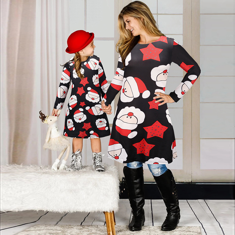 Christmas Dress Xmas Element Print Round Neck Casual Flared Long Sleeve Dress Mom And Me