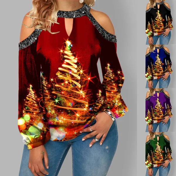 Women Christmas Tops Xmas Trees Prints Cold Shoulder Long Sleeve Shirts
