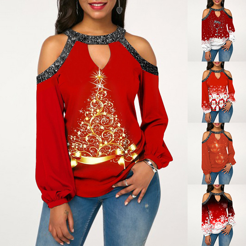 Women Christmas Tops Red Prints Cold Shoulder Long Sleeve Shirts