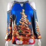 Women Christmas Tops Xmas Trees Prints Cold Shoulder Long Sleeve Shirts