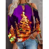 Women Christmas Tops Xmas Trees Prints Cold Shoulder Long Sleeve Shirts