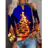Women Christmas Tops Xmas Trees Prints Cold Shoulder Long Sleeve Shirts