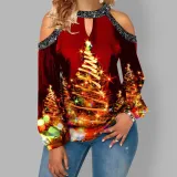 Women Christmas Tops Xmas Trees Prints Cold Shoulder Long Sleeve Shirts