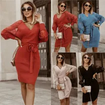 Women Knit Lace Long Sleeve V Neck Middle Split Dress With Belt