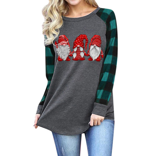 Women Christmas Tops Grey Gnomes Prints Long Sleeve Round Neck Shirts
