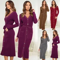 Women Knit Long Sleeve Button V Neck Long Dress With Belt