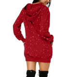 Women Christmas Dress Deer Slogan Print Casual Long Sleeve Hoodie Pockets Pullover Sweatshirt Dress
