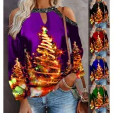 Women Christmas Tops Xmas Trees Prints Cold Shoulder Long Sleeve Shirts