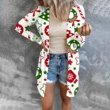 Women Christmas Element Prints Long Sleeve Button Cardigan