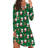 Women Christmas Dress Santa Print Round Neck Casual Long Sleeve Flared Midi Dress