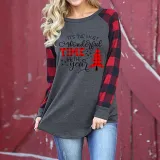Women Christmas Tops Slogan Prints Plaids Long Sleeve Round Neck Shirts