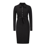 Women Pullover Knit Long Sleeve Button Lapel Midi Casual Dress With Belt