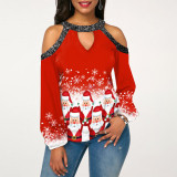 Women Christmas Tops Red Prints Cold Shoulder Long Sleeve Shirts