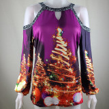 Women Christmas Tops Xmas Trees Prints Cold Shoulder Long Sleeve Shirts
