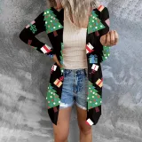 Women Christmas Element Prints Long Sleeve Button Cardigan