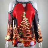 Women Christmas Tops Xmas Trees Prints Cold Shoulder Long Sleeve Shirts