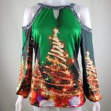 Women Christmas Tops Xmas Trees Prints Cold Shoulder Long Sleeve Shirts