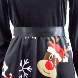 Women Christmas Dress Print Long Sleeve Swing Pleated Gown