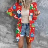 Women Christmas Element Prints Long Sleeve Button Cardigan