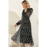 Women Long Sleeve Sequined Fringe Party Gown Dress