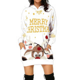 Women Christmas Dress Deer Slogan Print Casual Long Sleeve Hoodie Pullover Sweatshirt Dress