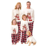 Christmas Family Matching Sleepwear Pajamas Sets Cute Deer White Top and Red Plaids Pants With Dog Cloth