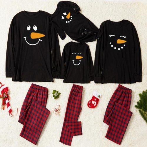 Plus Size Christmas Family Matching Sleepwear Pajamas Sets Cute Snowman Black Tops And Red Plaids Pants