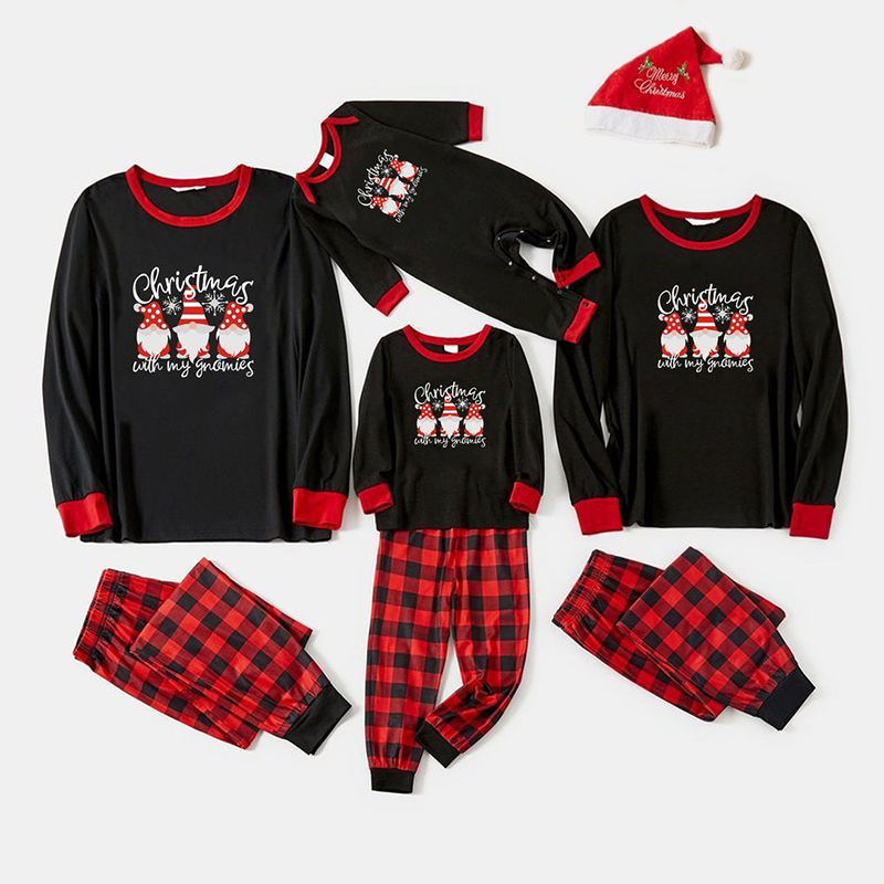 Christmas Family Matching Sleepwear Pajamas Sets Gnomes Slogan Tops And Red Plaids Pants Plus Size With Dog Cloth