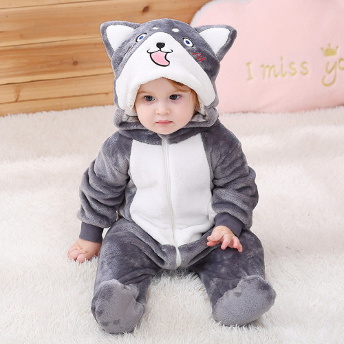 Baby Grey Corgi Huskie Cute Dog Fannel Onesie Kigurumi Pajamas Animal Costumes for Unisex Babys