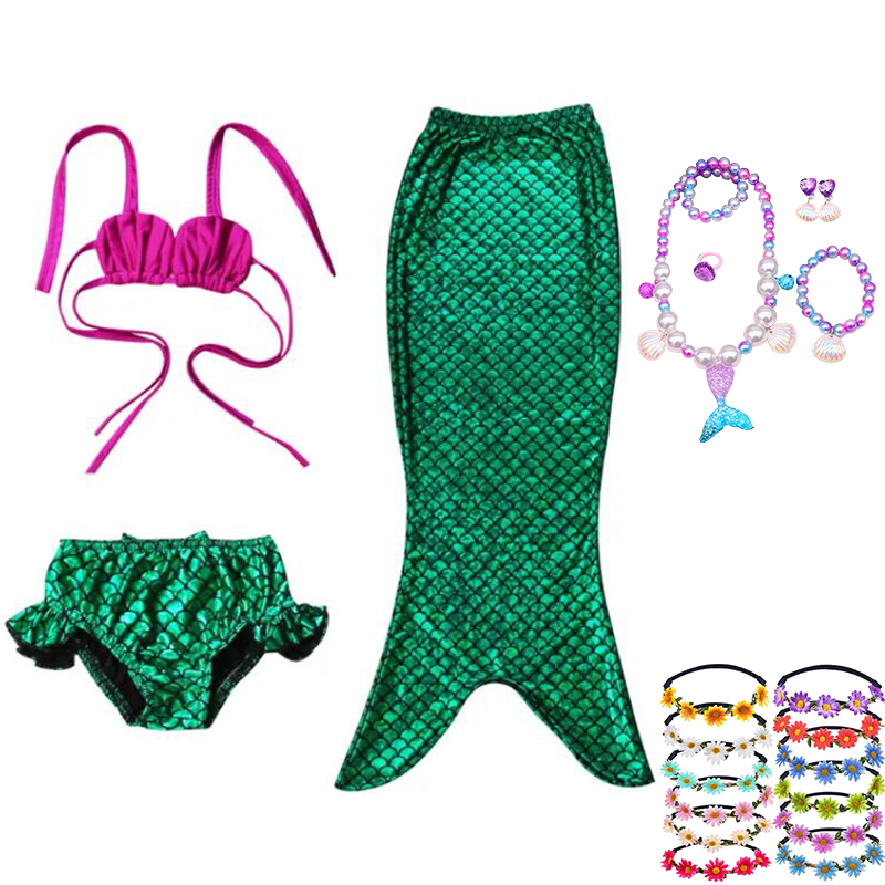3PCS Kid Girls Green Mermaid Tail For Fancy Princess Bikini Swimsuit With Free Garland Color Random