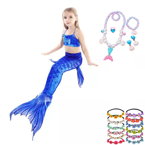 3PCS Kid Girls Matching Color Scale Mermaid Tail Bikini Sets Swimwear With Free Garland Color Random