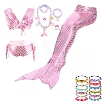 Kid Girls Bling Pink Mermaid Tail Bikini Swimsuit With Free Garland Color Random